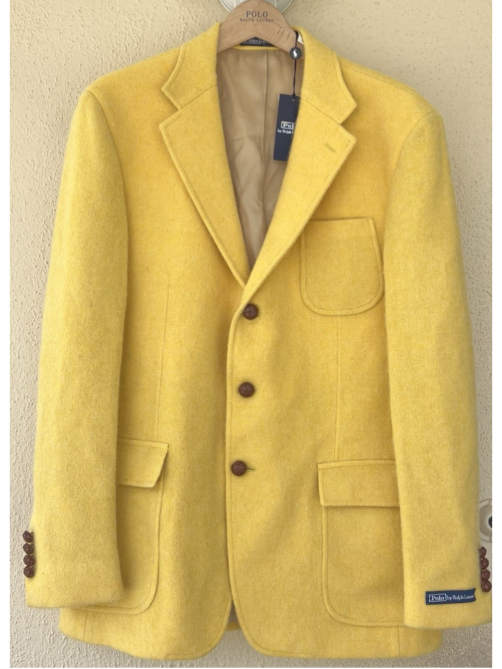 Polo Ralph Lauren Brushed Wool Sport Coat Cow Leather Knot Button Mens 40L Italy